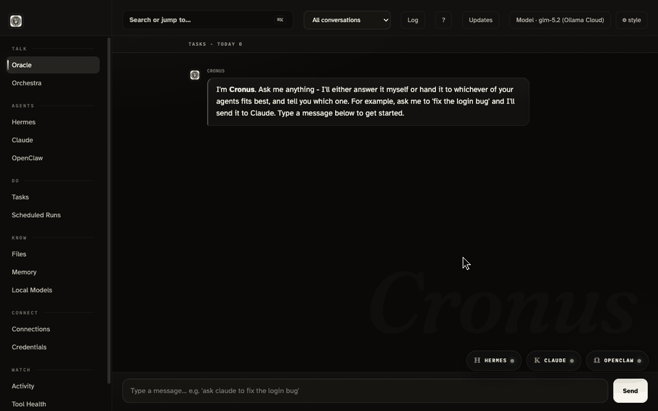 Live demo: opening Hermes and OpenClaw as their own windows from the dock and typing a mission