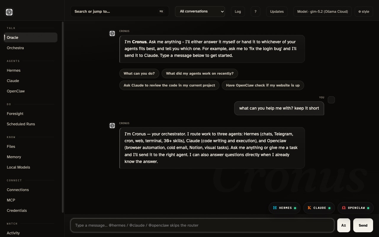The Cronus dashboard: chat in the middle, agents docked at the bottom